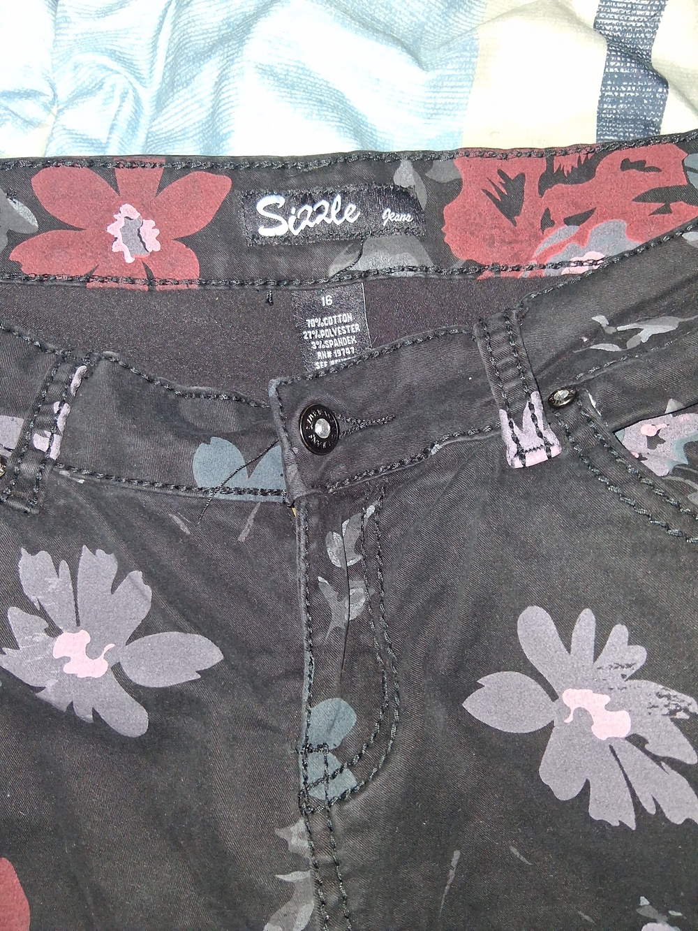 Xhilaration Black Floral Print Pants with Red and Lavender Blooms - Picture 2 of 2